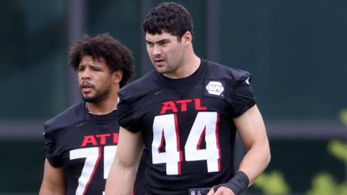 Falcons inside linebacker Troy Andersen (44) participates during rookie minicamp. Andersen recently signed his contract. (Jason Getz / Jason.Getz@ajc.com)