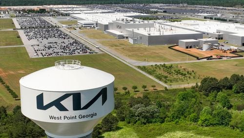 Aerial photo shows Kia Motors' US Assembly Plant in West Point on Wednesday, May 11, 2022. Georgia is poised to announce its second electric vehicle plant, a massive assembly complex by Hyundai Motor Group, the parent company of Kia Motors, that could bring with it 8,500 jobs to a site near Savannah, people familiar with the matter have told The Atlanta Journal-Constitution. (Hyosub Shin / Hyosub.Shin@ajc.com)
