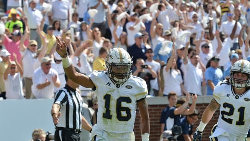 September 30, 2017 Atlanta - Georgia Tech quarterback TaQuon Marshall (16) celebrates after he scored a touchdown in the first half of an NCAA college football game against the North Carolina at Bobby Dodd Stadium on Saturday, September 30, 2017. HYOSUB SHIN / HSHIN@AJC.COM