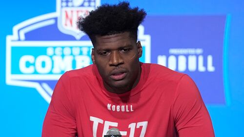 Georgia tight end Darnell Washington speaks during a news conference at the NFL football scouting combine in Indianapolis, Friday, March 3, 2023. (AP Photo/Darron Cummings)