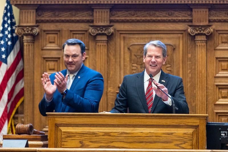 Gov. Brian Kemp, right, has been vilified by the Georgia Republican Assembly, which is now pushing for a state GOP rule that would block candidates from qualifying to run as Republicans if they’re deemed to be insufficiently conservative or a “traitor” to the party. Kemp has been targeted by the group for not supporting then-President Donald Trump's efforts to overturn the 2020 election. (Arvin Temkar / arvin.temkar@ajc.com)