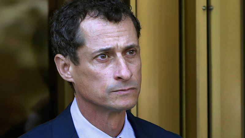 FILE - In this Sept. 25, 2017 file photo, former Congressman Anthony Weiner leaves federal court following his sentencing in New York. Weiner has left a New York City halfway house after completing his prison sentence for illicit online contact with a 15-year-old girl. According to the New York Post, Weiner said while leaving the Bronx facility on Tuesday, May 14, 2019, that it’s “good to be out” and he hopes to “live a life of integrity and service.”