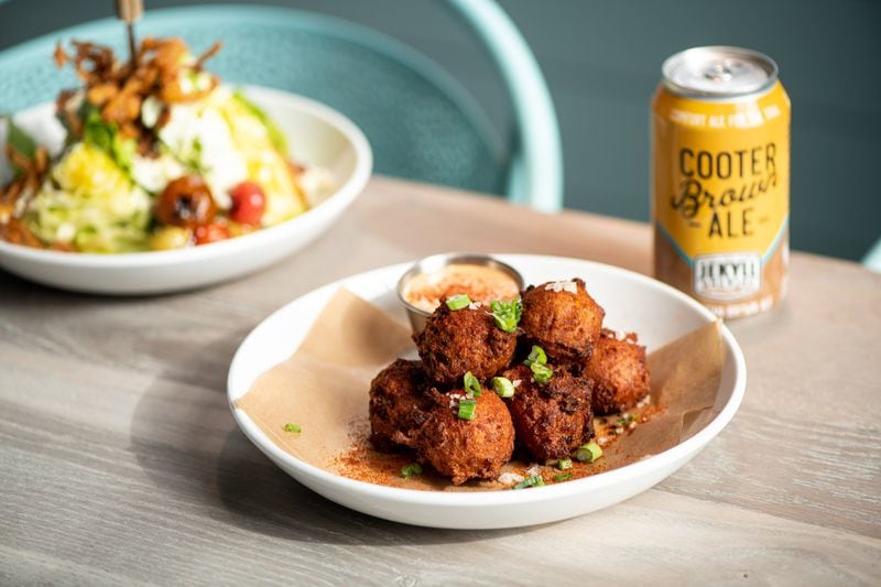 Crawfish Hushpuppies with comeback sauce and smoked sea salt, made with Cooter Brown Ale. Photo credit- Mia Yakel.