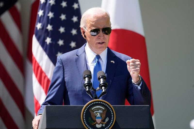 President Joe Biden speaks during a news conference with Japanese Prime Minister Fumio Kishida in the Rose Garden of the White House, Wednesday, April 10, 2024, in Washington. (AP Photo/Alex Brandon)