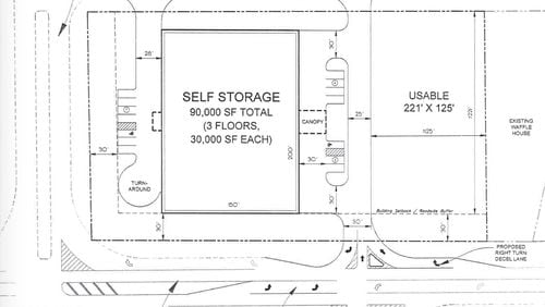 The proposed 95,000-square-foot 3-story self-storage building would face Green Street/Ga. 53 and Cherry Drive in Braselton. (Courtesy Town of Braselton)