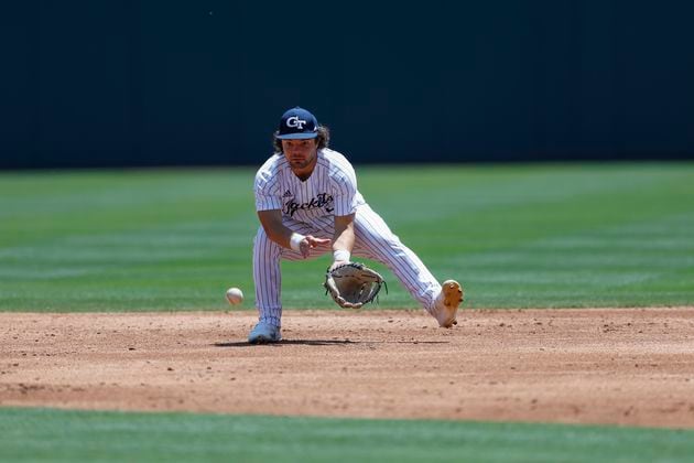 Georgia Tech infielder Mike Becchetti in action against Virginia in pool play of the ACC baseball tournament in Charlotte, N.C., Wednesday, May 22, 2024. (Photo by Nell Redmond/ACC)