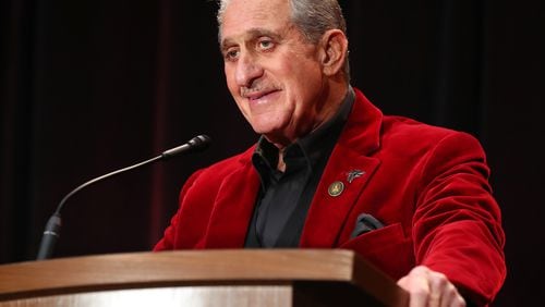 February 3, 2017, Houston: Atlanta Falcons owner Arthur Blank, wearing a team color bright red jacket, chuckles while asked a question about his dancing while holding his only media availability in Houston for the Super Bowl during a press conference at the George R. Brown Convention Center on Friday Feb. 3, 2017, in Houston. Blank has danced in the locker room and on stage with his players on their march to the Super Bowl. Curtis Compton/ccompton@ajc.com