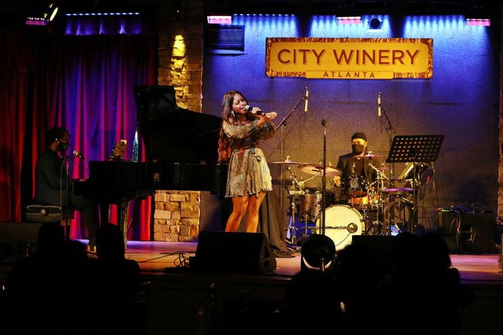 Grammy winner Chrisette Michele played the first of two sold out concerts at the City Winery on Sunday, December 13, 2020. The show featured limited capacity with social distancing of the tables in the intimate venue.
Robb Cohen for the Atlanta Journal-Constitution
