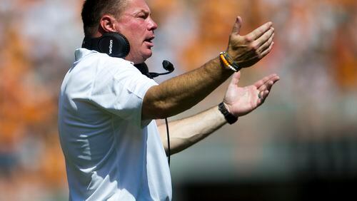 Tennessee head coach Butch Jones reacts against Massachusetts during an NCAA college football game, Saturday, Sept. 23, 2017, in Knoxville, Tenn. (Clavin Mattheis/Knoxville News Sentinel via AP)