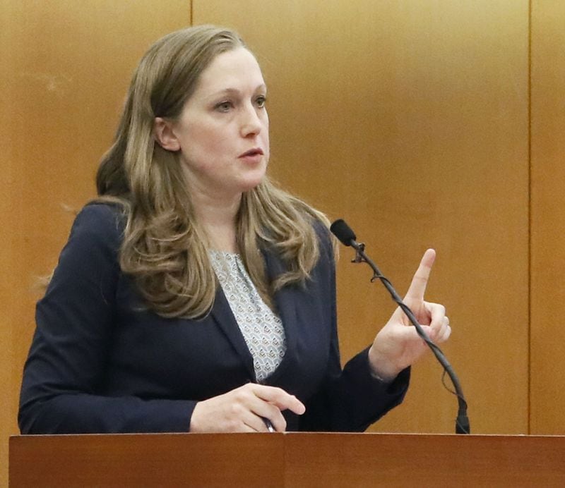 Senior Assistant Attorney General Blair McGowan makes her opening statement Tuesday in the first-ever criminal prosecution of an alleged violation of the Georgia Open Records Act.  BOB ANDRES / BANDRES@AJC.COM