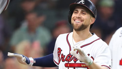 Ender Inciarte rejoices after hitting the first home run in SunTrust Park, against San Diego in April. (Curtis Compton/ccompton@ajc.com)