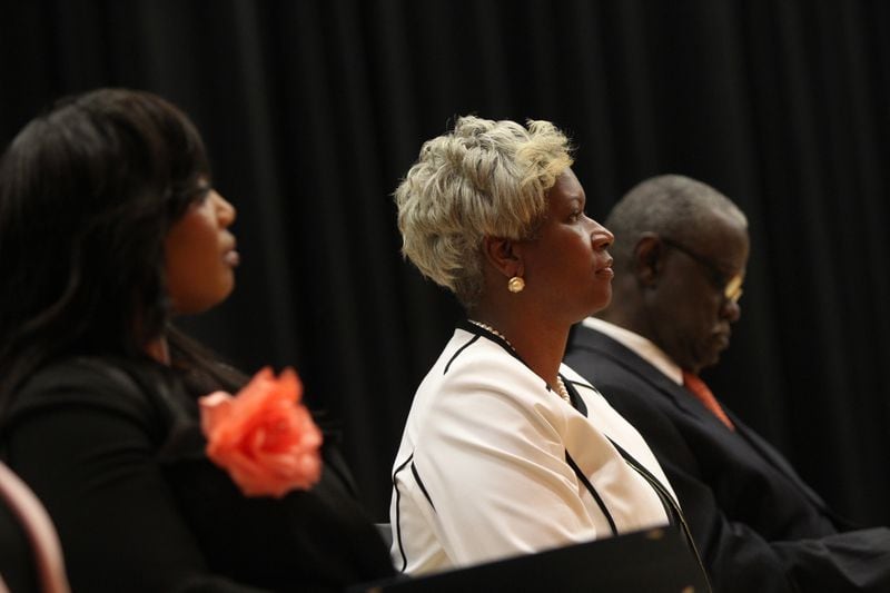 City Councilmember Catherine Rowell sits among the other members of the council and mayor at the Inauguration Ceremony of the City of South Fulton Mayor & City Council in at B.E. Banneker High School in South Fulton, on April 29, 2017. (HENRY TAYLOR / HENRY.TAYLOR@AJC.COM)