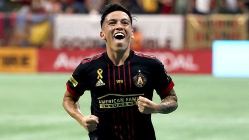 Sept. 18, 2021 - Atlanta, Ga: Atlanta United midfielder Ezequiel Barco (8) reacts after scoring a goal off of a free kick during the first half against D.C. United at Mercedes Benz Stadium Saturday, September 18, 2021 in Atlanta, Ga.. JASON GETZ FOR THE ATLANTA JOURNAL-CONSTITUTION



