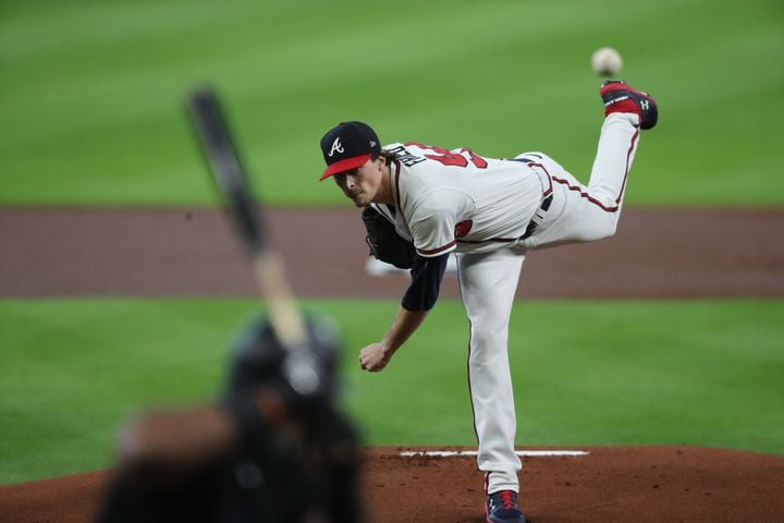 Braves starting pitcher Max Fried delivers against the Miami Marlins' Jesus Aguilar during the first inning of Game 1 of the National League Division Series Tuesday, Oct. 6, 2020, at Minute Maid Park in Houston. (Curtis Compton / Curtis.Compton@ajc.com)