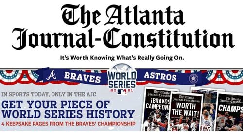 As a treat to our subscribers, Sunday’s newspaper will contain four keepsake pages – the front page that read CHAMPS! The front page that read IT’S OURS! And the front pages from the collectible editions we distributed outside the stadium after the Braves’ victory. (One is English, the other is in Spanish.)