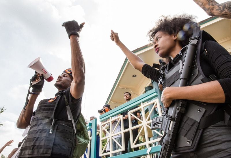 A group of Atlanta-area models and actors dressed as Black Panthers took an active role in the protest on the Decatur Square Wednesday afternoon, June 3, 2020. Members of the group say their intent was genuine, even if the outfits weren’t. JENNI GIRTMAN FOR THE AJC