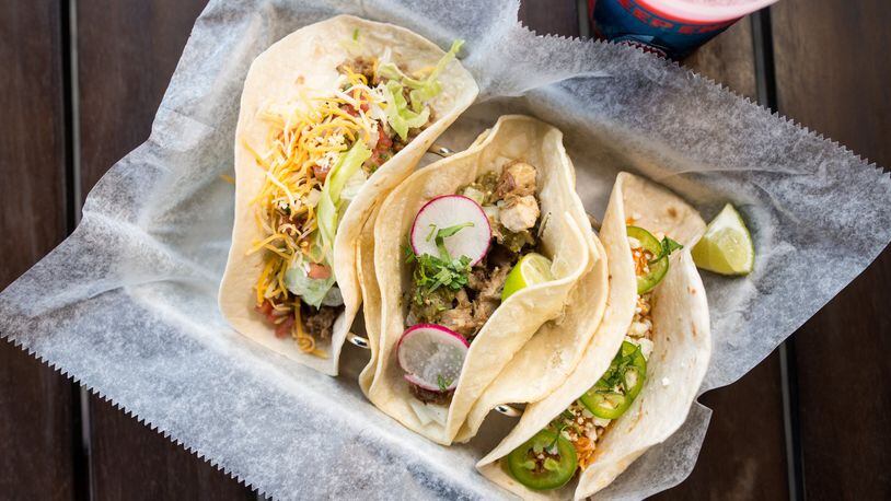 Deep End tacos (left to right) Ground Beef Gringo, Carnitas, and Chicken Tinga. Photo credit- Mia Yakel.