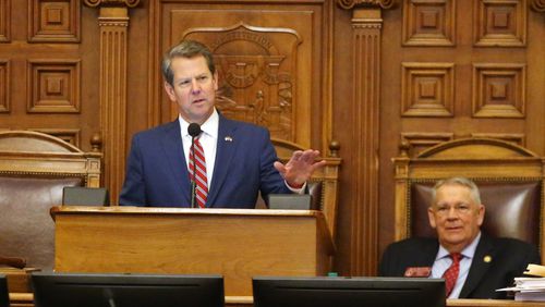 Governor Brian Kemp speaks in the House of Representatives at the Georgia State Capitol on April 2, the final day of the 2019 legislature. EMILY HANEY / emily.haney@ajc.com
