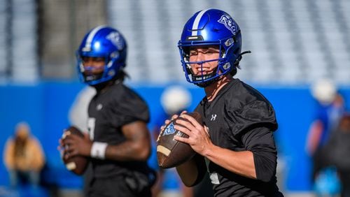 Georgia State quarterbacks run drills during spring football practice, at Center Parc Credit Union Stadium on Tuesday, March 19, 2024. (Jamie Spaar for The Atlanta Journal-Constitution)