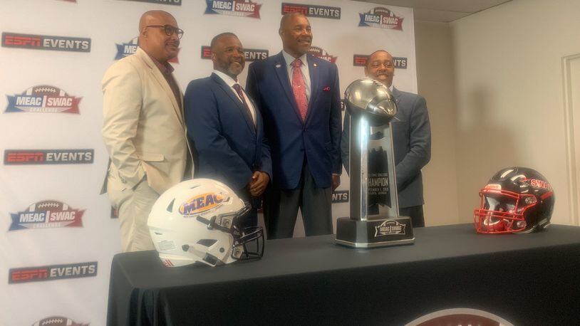 Representative of Bethune-Cookman and Jackson State met at Georgia State Stadium on Tuesday, Aug. 20, 2019 to promote the MEAC/SWAC Challenge schedule for that venue Sept. 2, 2019. From left: Lynn W. Thompson, Vice President for Intercollegiate Athletics at Bethune-Cookman; Terry Sims, head football coach at Bethune-Cookman; John Hendrick, head football coach at Jackson State; and Ashley Robinson,  Vice President for Intercollegiate Athletics /Athletic Director at Jackson State. (Photo by Jaylon Thompson/For the AJC)