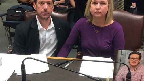 Steve and Rae Ann Gruver of Roswell testified in favor of an anti-hazing bill in the Louisiana House Criminal Justice Committee on Wednesday, March 21, 2018. Their son Max was a victim of hazing at Louisiana State University. He died Sept. 14, 2017. His photo sits on the table.