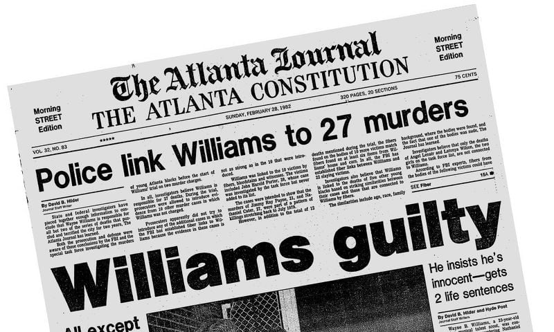The Sunday, Feb. 28, 1982 edition of The Atlanta Journal-Constitution announces the guilty verdict in the Wayne Williams trial. (AJC Archive)