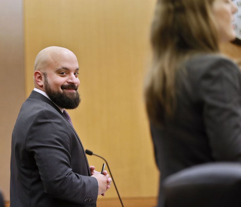 Scott Grubman, one of Jenna Garland’s defense attorneys, at Fulton County State Court on Monday, Dec. 16, 2019, as jury selection guidelines were discussed in the first-ever criminal prosecution of an alleged violation of the Georgia open records law. (Bob Andres / bandres@ajc.com)
