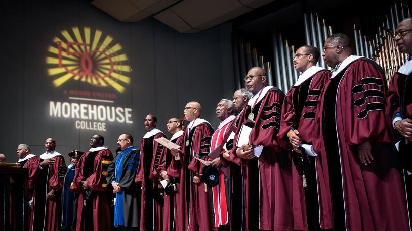 Morehouse College dignitaries and professors line the stage of the Martin Luther King Jr. International Chapel during the graduation ceremony on campus in 2017. The historically Black college for men in Atlanta is launching an institute for Black male research. (Steve Schaefer for The Atlanta Journal-Constitution)