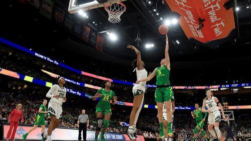 Maite Cazorla (5) of the Oregon Ducks attempts a shot against the Baylor Lady Bears in the semifinals of the 2019 NCAA Women's Final Four at Amalie Arena on April 05, 2019 in Tampa, Florida. (Photo by Mike Ehrmann/Getty Images)
