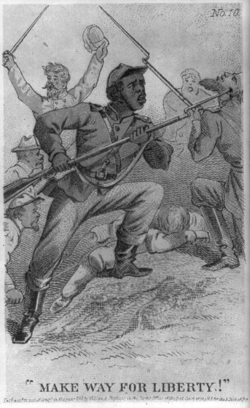 This card shows a black Union soldier bayonetting a Confederate soldier. (Library of Congress)