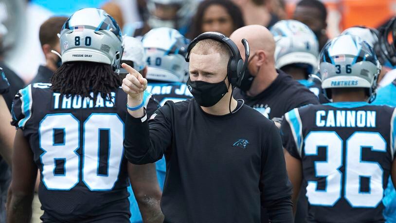 Carolina Panthers offensive coordinator Joe Brady watches from the sideline  against the Detroit Lions, Sunday, Nov. 22, 2020, in Charlotte, N.C. (Brian Westerholt/AP)