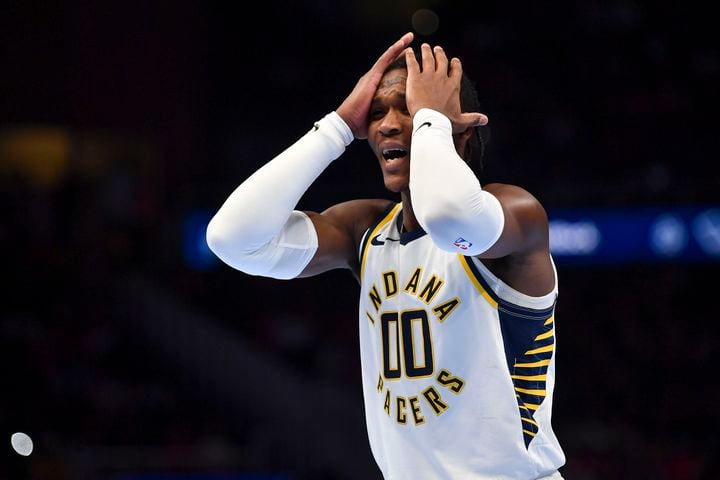 Indiana Pacers guard Bennedict Mathurin (00) reacts to a call during the second half of an NBA game Tuesday, November 21, 2023. (Daniel Varnado/For the AJC)