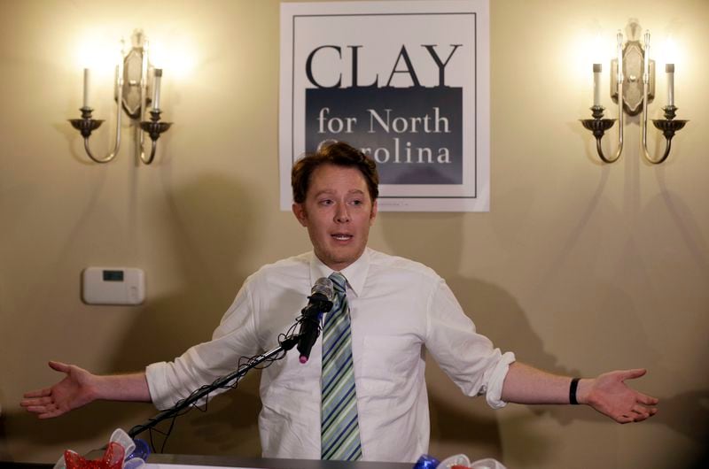 Clay Aiken speaks to supporters during an election night watch party in Holly Springs, N.C., Tuesday, May 6, 2014. (AP Photo/Gerry Broome)