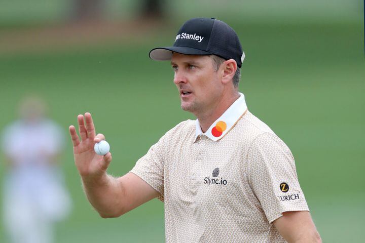 April 10, 2021, Augusta: Justin Rose reacts after his birdie on the second hole during the third round of the Masters at Augusta National Golf Club on Saturday, April 10, 2021, in Augusta. Curtis Compton/ccompton@ajc.com