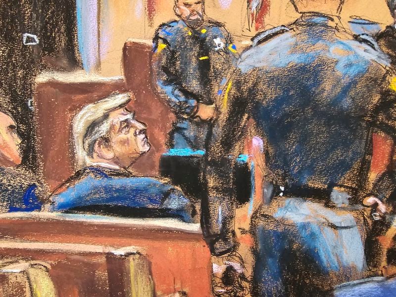 Former U.S. President Donald Trump sits beside his lawyer Emil Bove during jury selection of his criminal trial on charges that he falsified business records to conceal money paid to silence porn star Stormy Daniels in 2016, in Manhattan state court in New York City, U.S. April 19, 2024 in this courtroom sketch. (Jane Rosenberg via AP, Pool)