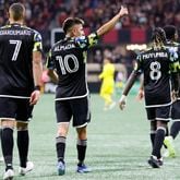 Atlanta United's Thiago Almada dribbles against the Columbus Crew Sunday in Game 3 of their MLS playoff series.