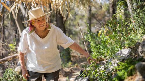 Diana Kennedy checks the peppers in the garden at Quinta Diana. (Ricardo DeAratanha/Los Angeles Times/TNS)