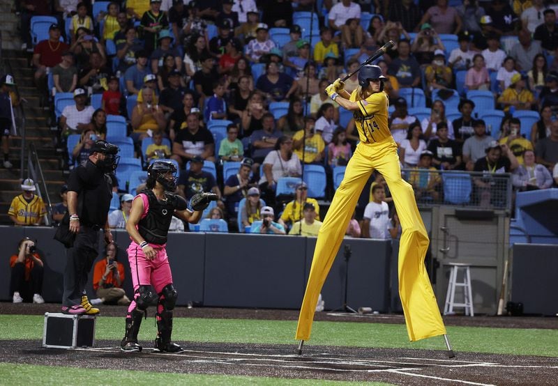 Dakota "Stilts" Albritton (14) of the Savannah Bananas bats against the  Party Animals at Richmond County Bank Ball Park on Aug. 12, 2023, in New York. (Al Bello/Getty Images/TNS)