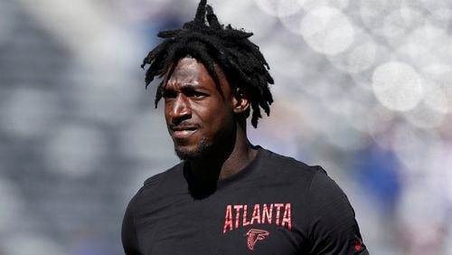 Falcons wide receiver Calvin Ridley (18) warms up before game against the New York Giants, Sunday, Sept. 26, 2021, in East Rutherford, N.J. (Adam Hunger/AP)