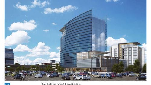 A conceptual drawing shows the proposed 16-story office tower near Perimeter Mall. The project's developer, Trammell Crow Company, recently broke ground on the complex near the Dunwoody MARTA station.