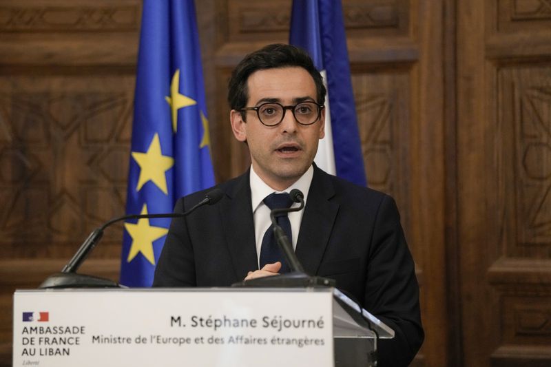 French Foreign Minister Stephane Sejourne speaks during a press conference at the Pine Palace, which is the residence of the French ambassador, in Beirut, Lebanon, Sunday, April 28, 2024. (AP Photo/Hassan Ammar)