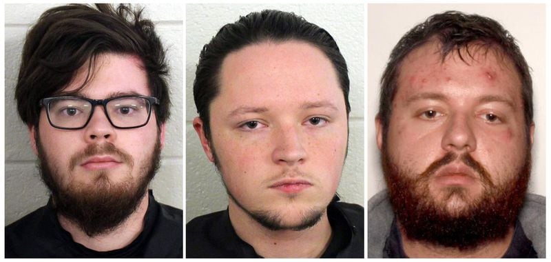 Charged with participating in a criminal gang and conspiracy to commit murder are: Luke Austin Lane, 21, of Silver Creek; Jacob Kaderli, 19, of Dacula; and Michael John Helterbrand, 25, of Dalton. (Floyd County Police via AP)