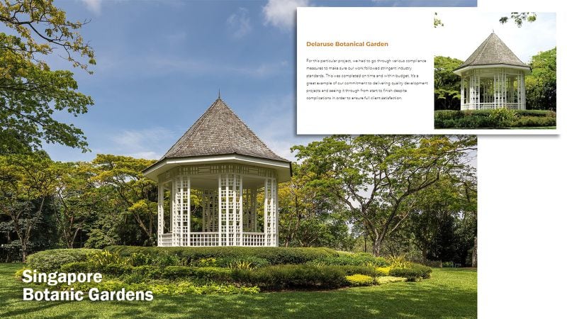 On the "Projects" page of the Roman United website, the group listed work done for the "Delaruse Botanical Garden" (seen in the inset at right). That claim is accompanied by an image that appears to be of the historic bandstand at the Singapore Botanic Gardens, which is shown in the larger photo at left. The larger photo was taken by Basile Morin and shared on Wikimedia Commons in 2018. The bandstand is a well known feature of the garden, which is listed as a UNESCO World Heritage Site. (Basile Morin / Wikimedia Commons)