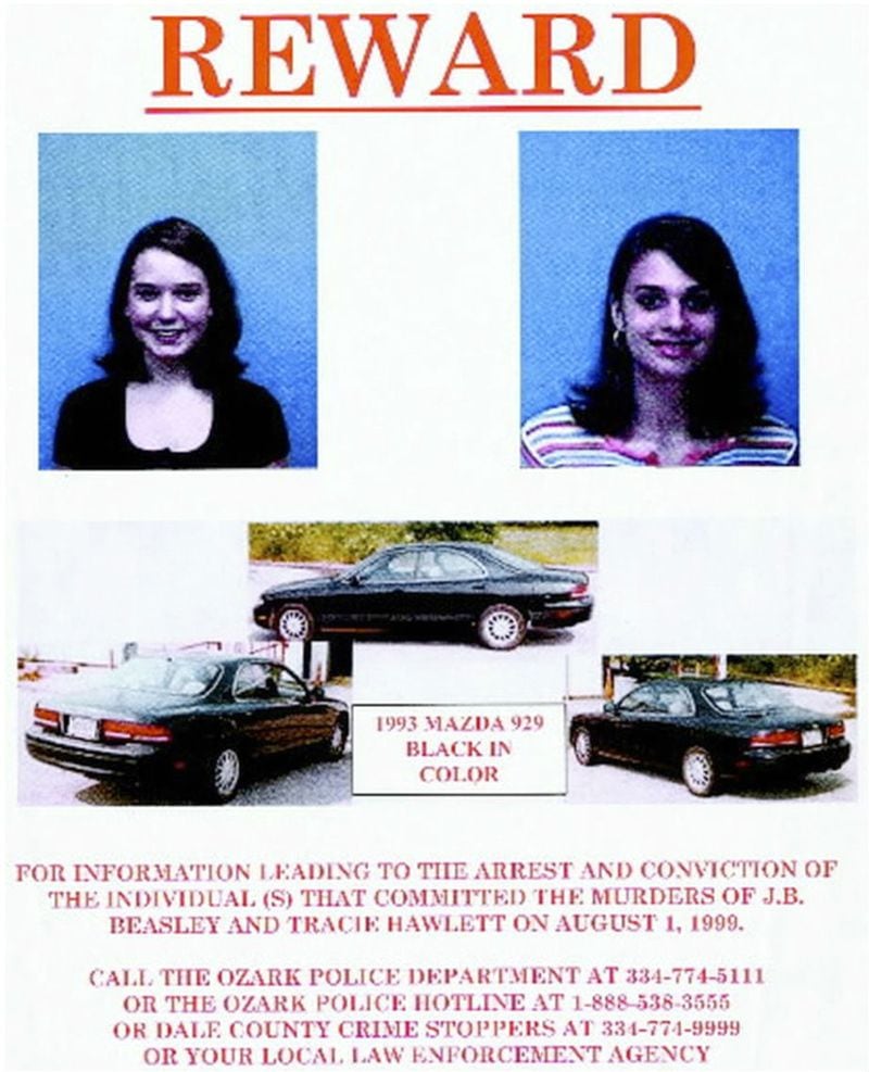 This 1999 flyer released by the Ozark (Alabama) Police Department, shows J.B. Beasley, left, Tracie Hawlett, who were slain July 31, 1999. Ozark police officials on Monday, March 18, 2019, announced the arrest of Coley Lewis McCraney, 45, of Dothan, on capital murder and rape charges in the deaths of the two 17-year-old girls, who vanished after getting lost on their way to a party in a neighboring city. The girls were found shot to death in the trunk of Beasley's car the following day in Ozark, about 20 miles from home. McCraney, 25 at the time of the killings, lived about a mile from where the abandoned car was found.