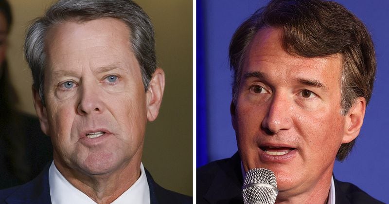 Gov. Brian Kemp (left) will campaign Tuesday in Alpharetta with Virginia Gov. Glenn Youngkin. Atlanta's suburbs have recently been tough territory for Republicans, but Youngkin found success on similar turf when he won the governorship in Virginia in 2021.