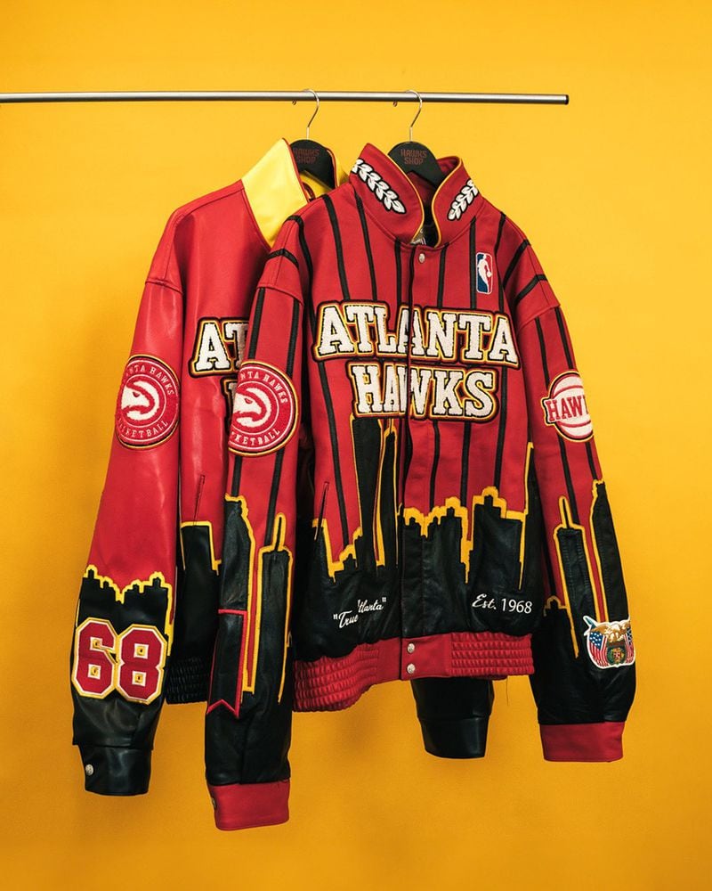 Fashion designer Jeff Hamilton created the limited-edition Atlanta Hawks leather jacket in partnership with beer company Michelob ULTRA. (Photo courtesy of Atlanta Hawks)