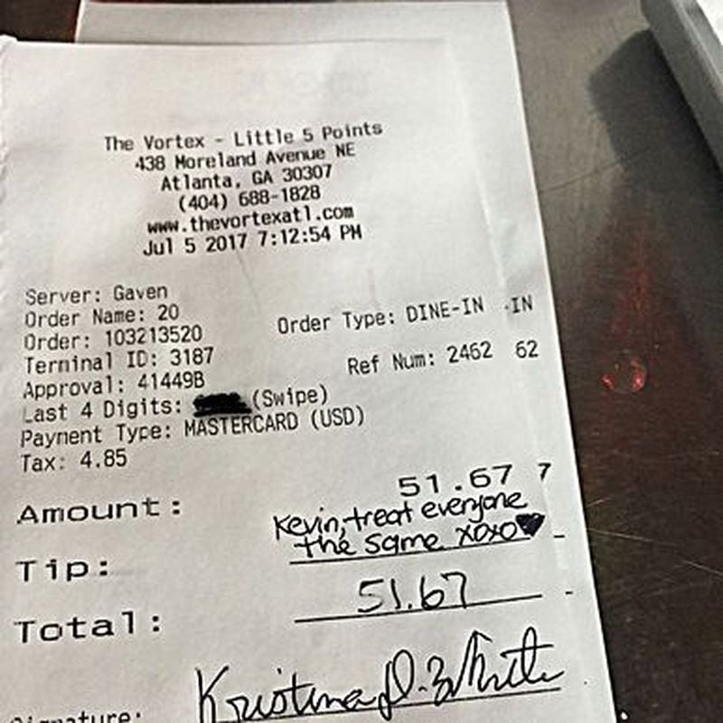 “Treat everyone the same” Kristina White wrote on the check she received at the Vortex, instead of offering a tip for what she considered bad service. Photo: courtesy Black Lives Matter of Greater Atlanta