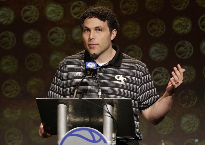 Georgia Tech coach Josh Pastner answers a question during the ACC men's basketball media day in Charlotte, N.C., Wednesday, Oct. 25, 2017. (AP Photo/Chuck Burton)