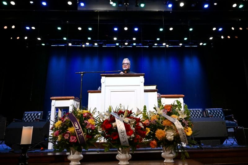 Rev. Gina Stewart preaches during church service at Rankin Chapel, Sunday, April 7, 2024, in Washington.Throughout its long history, the Black Church in America has, for the most part, been a patriarchal institution. Now, more Black women are taking on high-profile leadership roles. But the founder of Women of Color in Ministry estimates that less than one in 10 Black Protestant congregations are led by a woman. “I would hope that we can knock down some of those barriers so that their journey would be just a little bit easier,” said Stewart. (AP Photo/Terrance Williams)