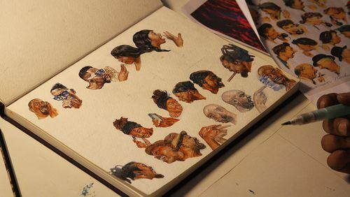 Artist Fabian Williams is at work on his own version of the classic Norman Rockwell painting, "The Gossips."